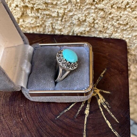 925 Sterling Silver Southwest Ring Marcasite and faux turquoise - Picture 3 of 6